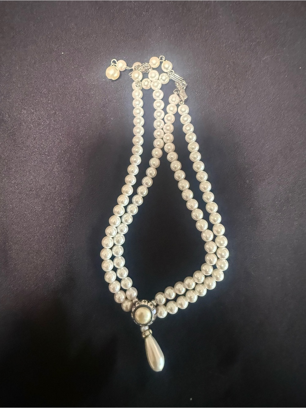 Double-Strand White Faux Pearl Necklace with Teardrop Pendant